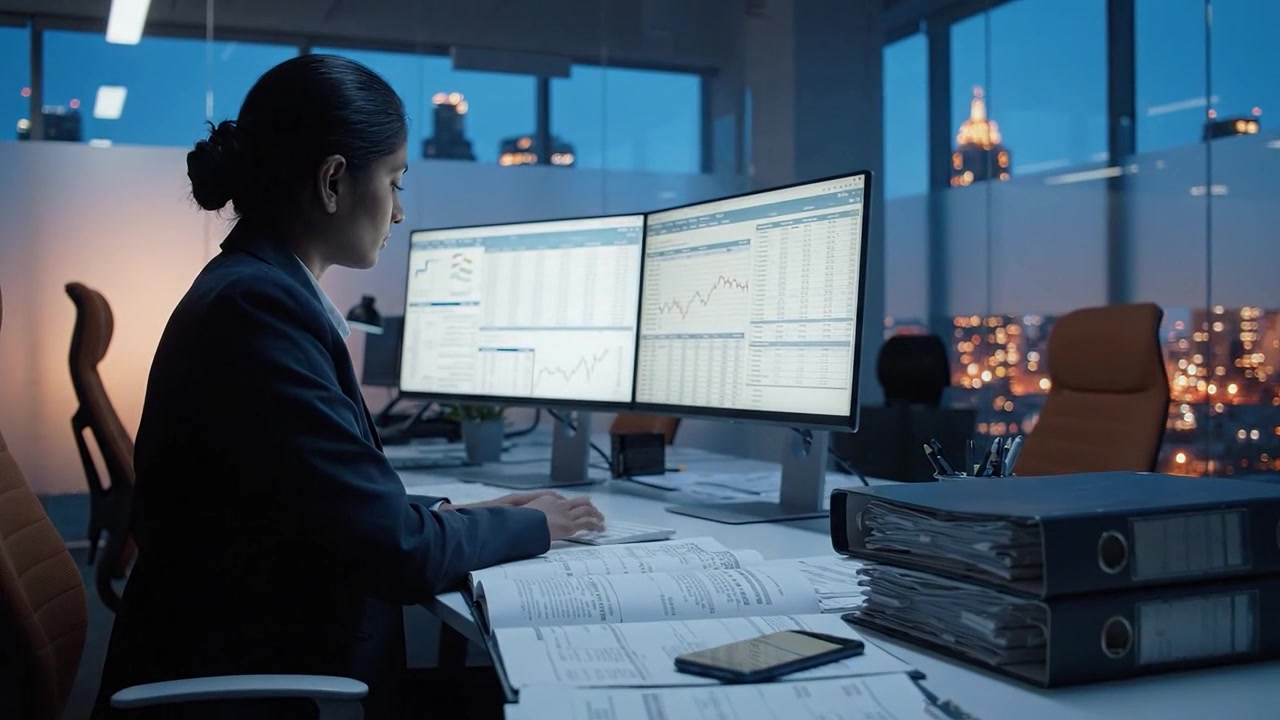 Professionista aziendale concentrato che analizza dati e grafici su monitor multipli in un moderno ambiente d'ufficio durante le ore del crepuscolo, con le luci della città sullo sfondo