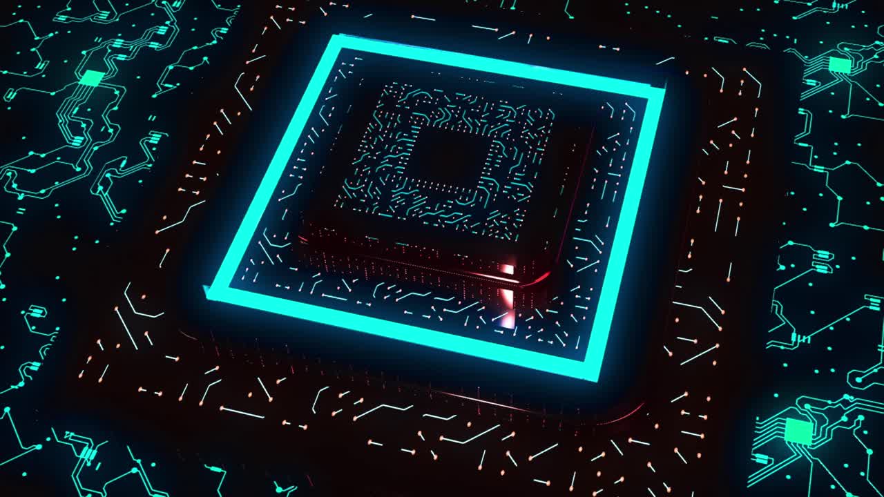 Close-up of a glowing CPU on a circuit board