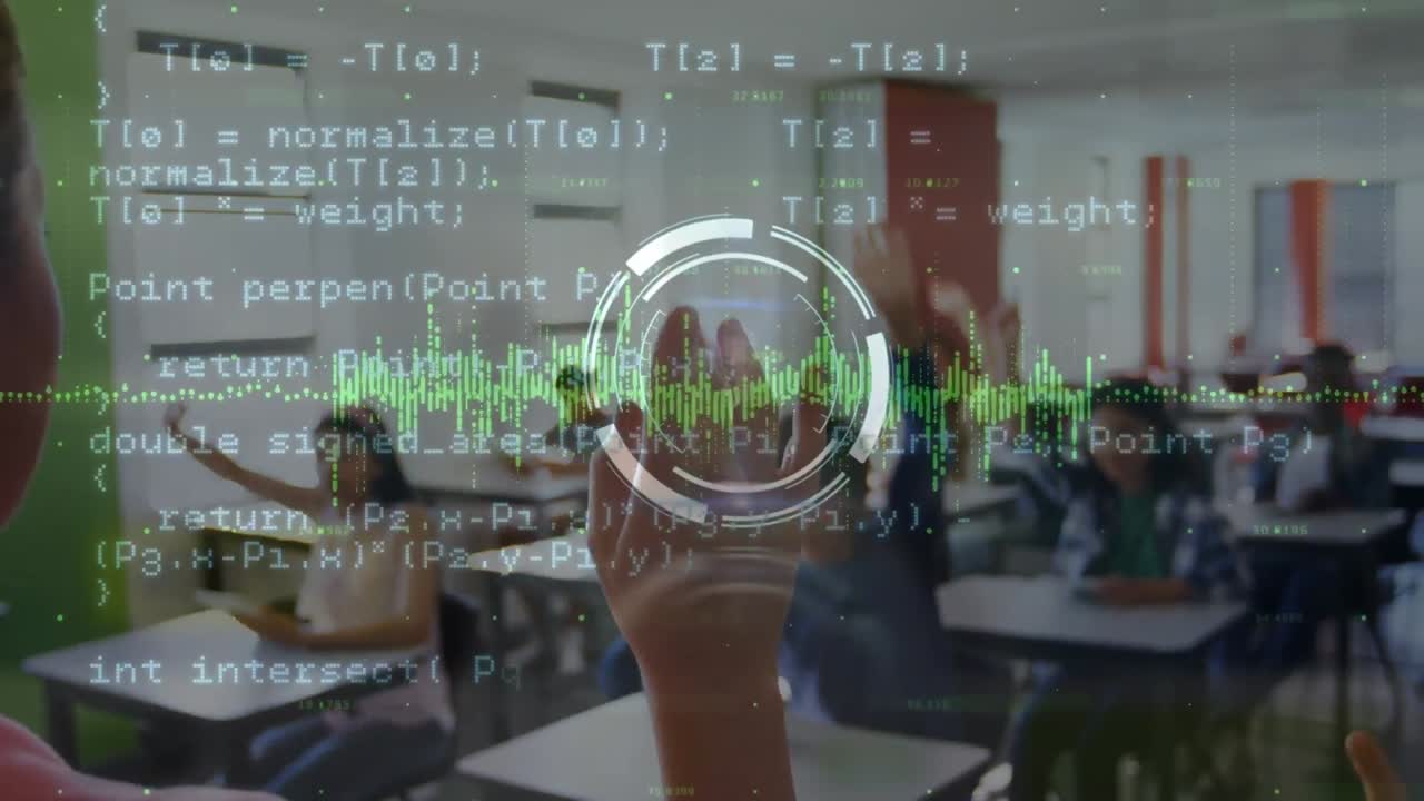 animación de procesamiento de datos sobre un grupo de niños diversos levantando las manos en clase en la escuela