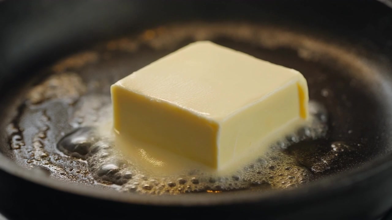 Bloc de beurre carré fondant dans une poêle chaude