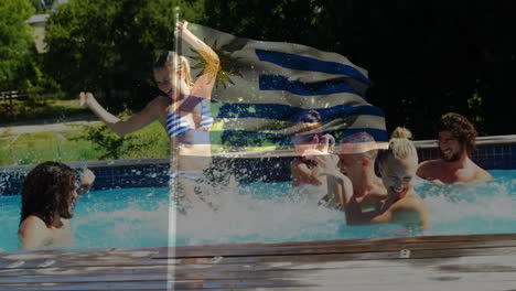 uruguay flag waving over pool, people splashing and enjoying animation scene