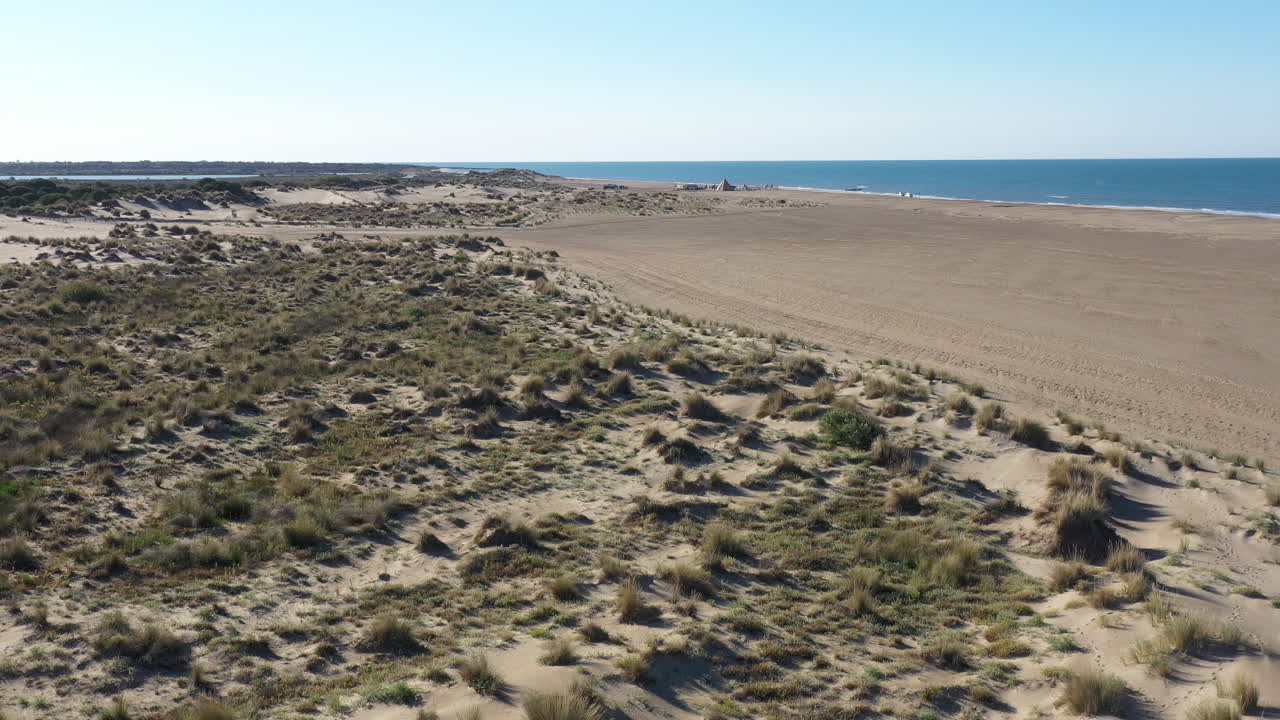 dunas de arena con vegetación en la playa de espiguette, francia, fotografía aérea