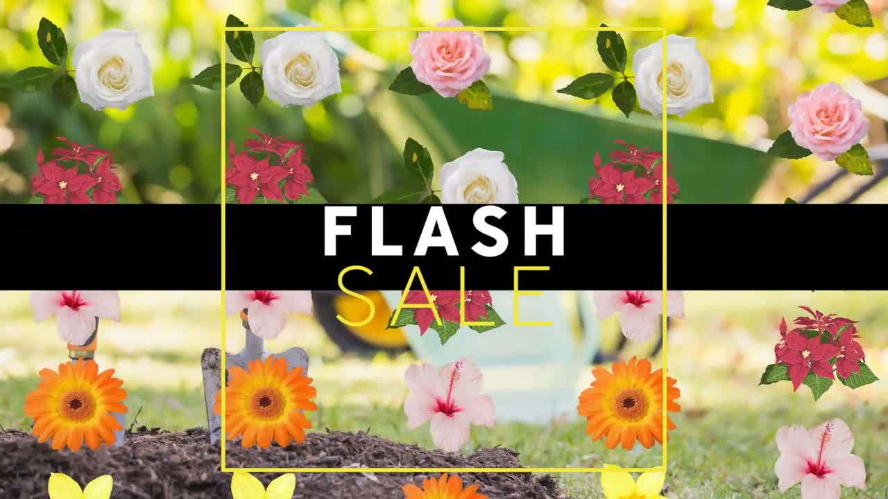 animación digital de flash venta texto banner sobre múltiples coloridas flores iconos contra el jardín