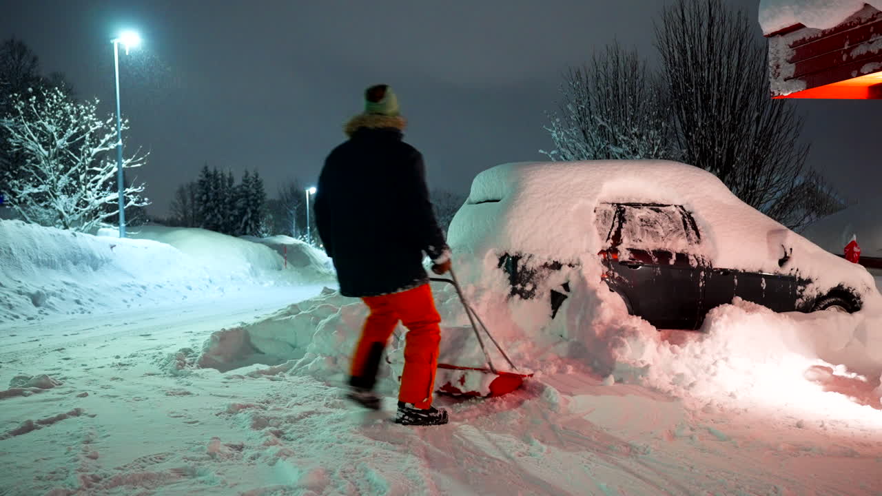 An adult man removing snow from parking after heavy snowfall at night