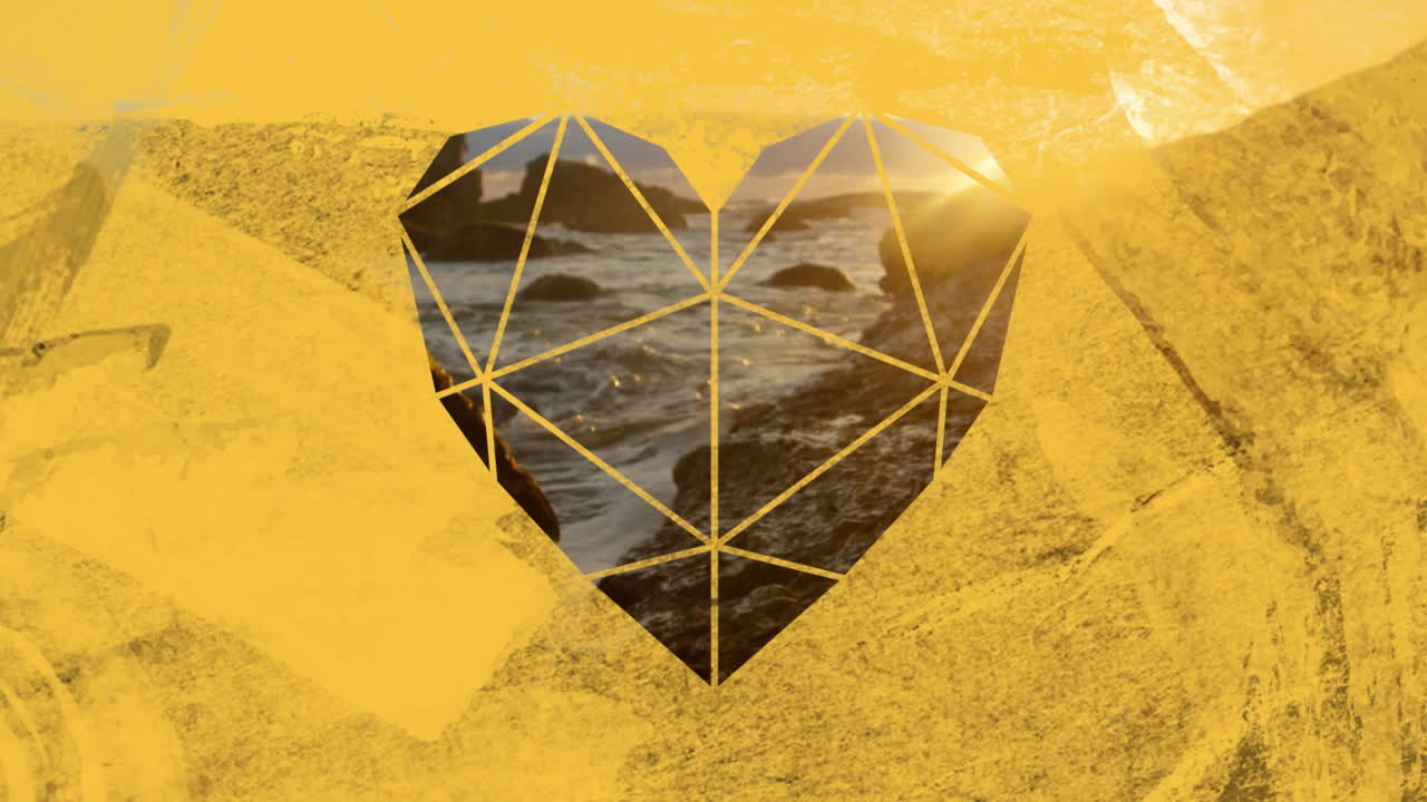 costa y rocas en el mar a través del primer plano en forma de corazón amarillo