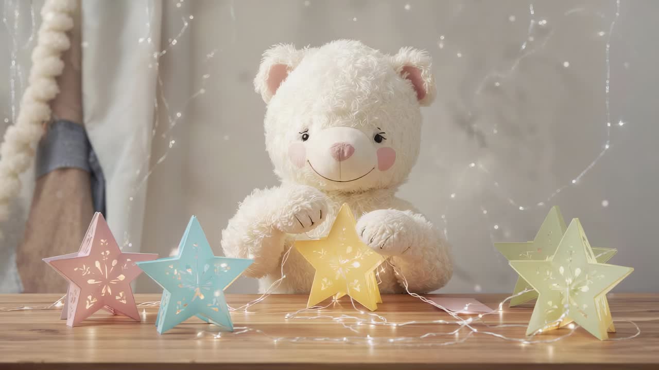 Plysset cremefarvet bamse samler anden gul stjerne op og viser to stjerner på børneværelsesbord med lys