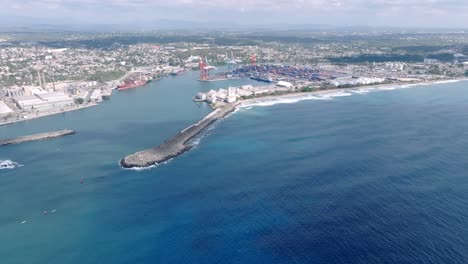 high angle aerial view of entrance to haina port outside santo domingo