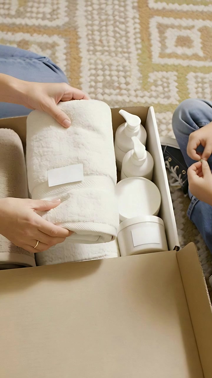 Vertical video: Reaching adult in jeans smoothing towel on rug at home to pack, with bottles, jars