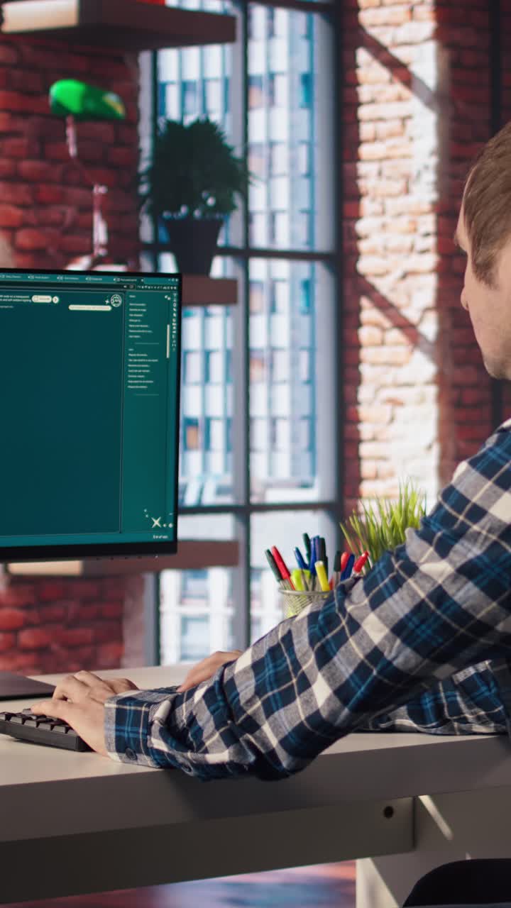 Vertical video Man using computer to make use of text to video AI program