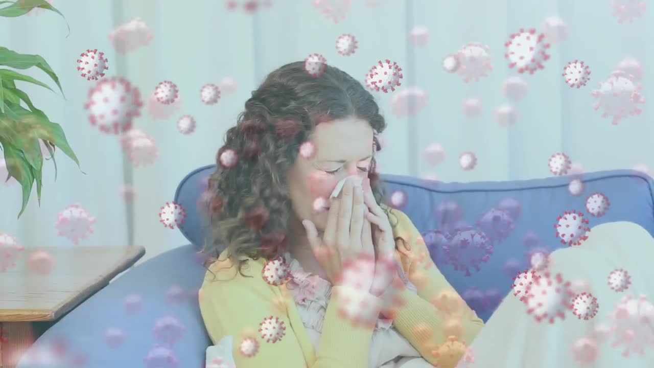 코로나19 세포가 떠다니는 카우카시아 여성이 조직으로 재채기를 하는 애니메이션