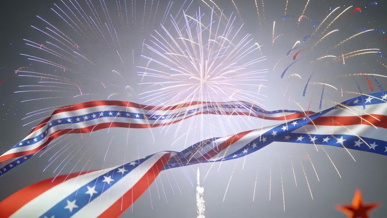 Primer plano mostrando cintas patrióticas ondulando hacia la cámara sobre un fondo gris celebrando fuegos artificiales