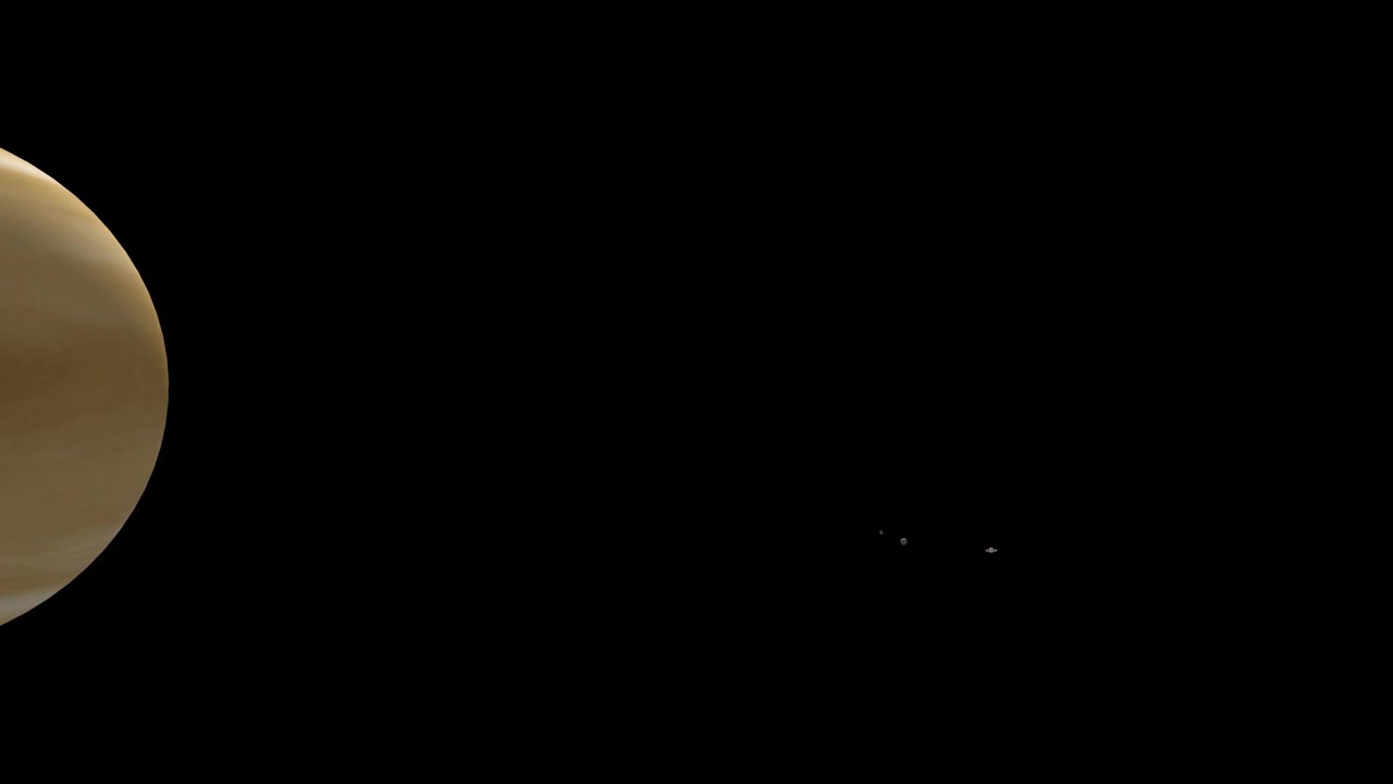 fast camera moving in solar system through different planets to the planet venus
