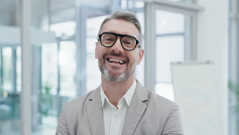 feliz, sonrisa y cara de un hombre de negocios sénior