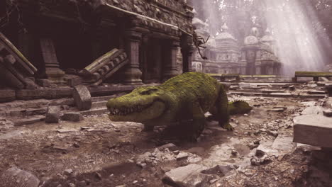 ancient ruins and a giant crocodile