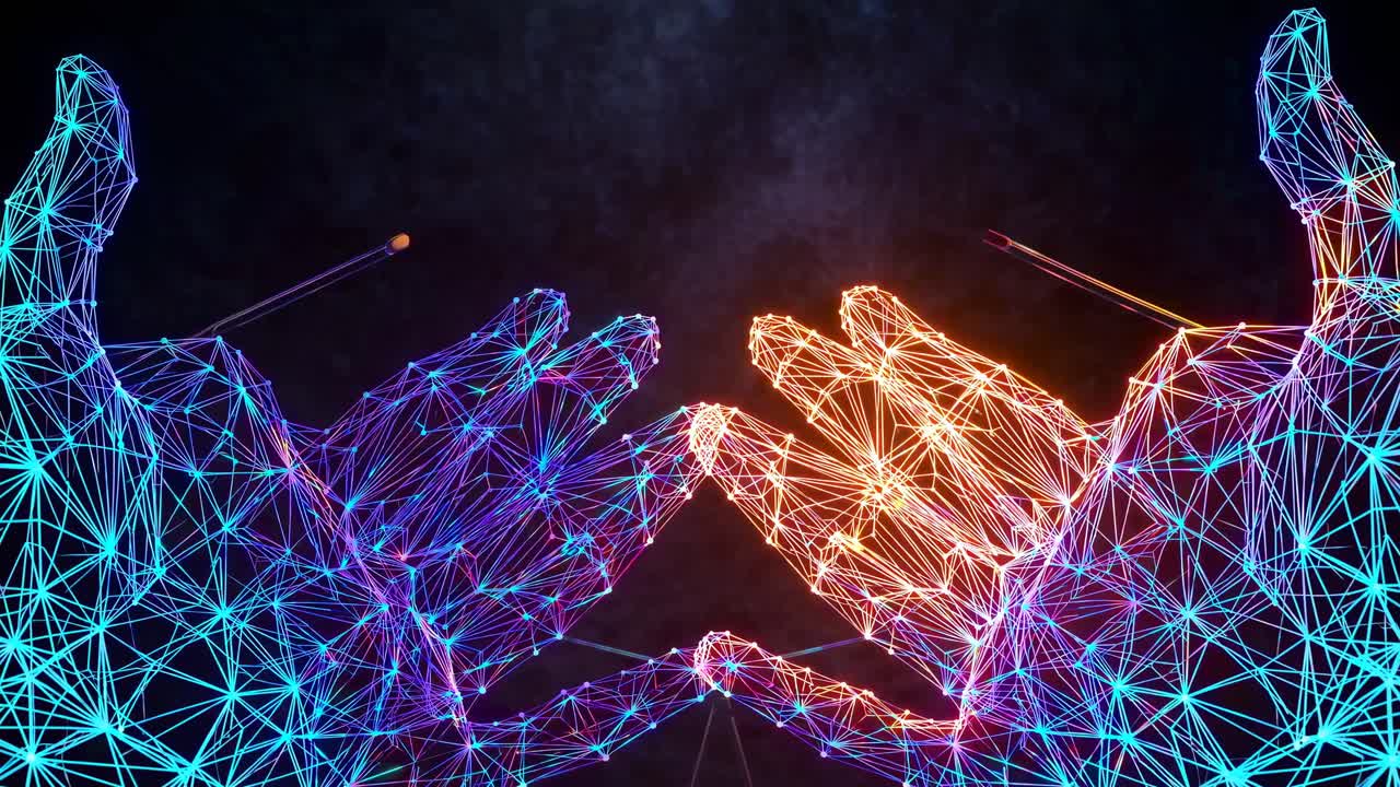 Futuristic video concept of digital hands in a wireframe style, captured from a front angle