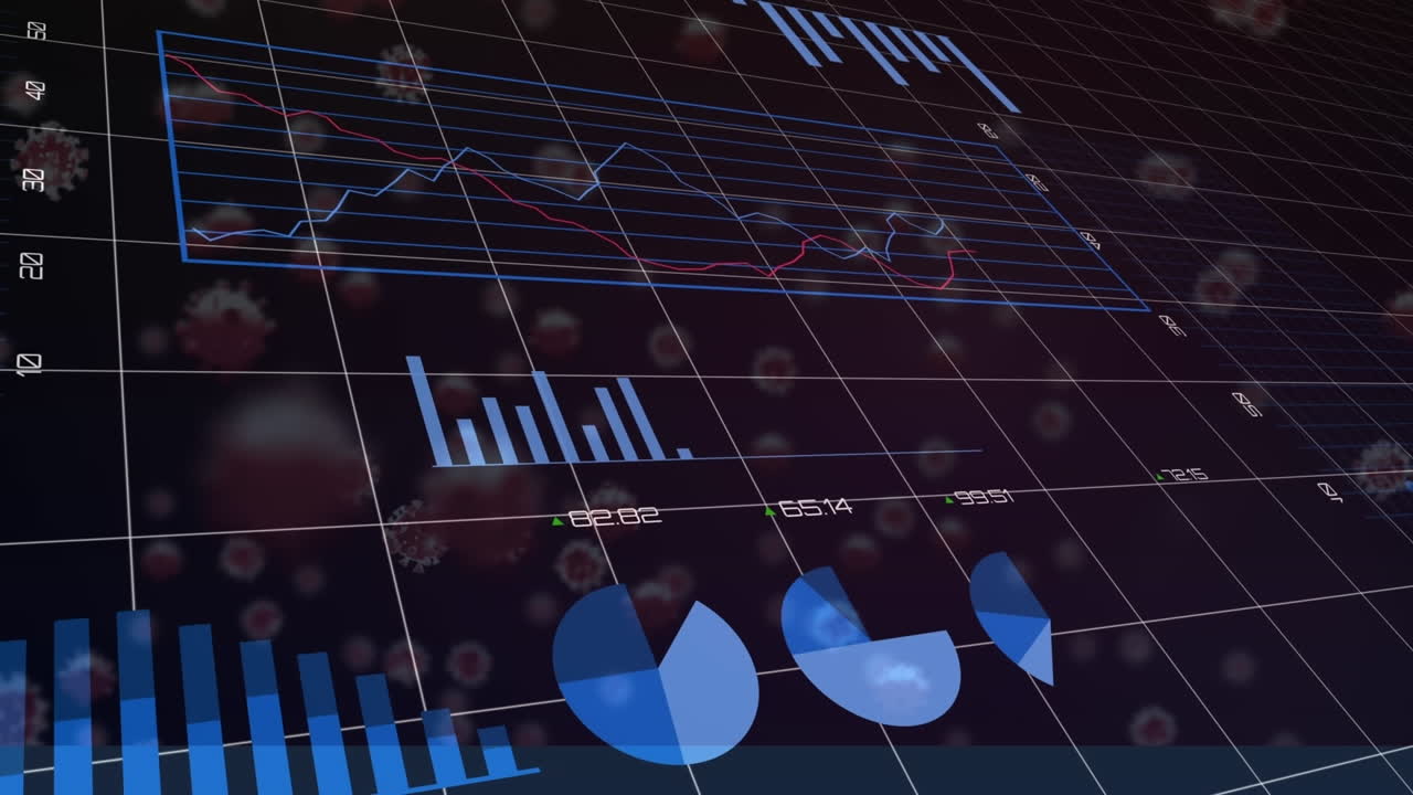 animación de procesamiento de datos estadísticos y células de covid-19 flotando contra un fondo negro