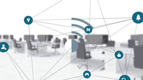 animation of network of connections with social media icons over desks in office