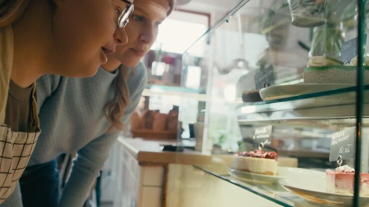 ダウン症候群の女の子が女性クライアントにどのケーキを選ぶかを助言している