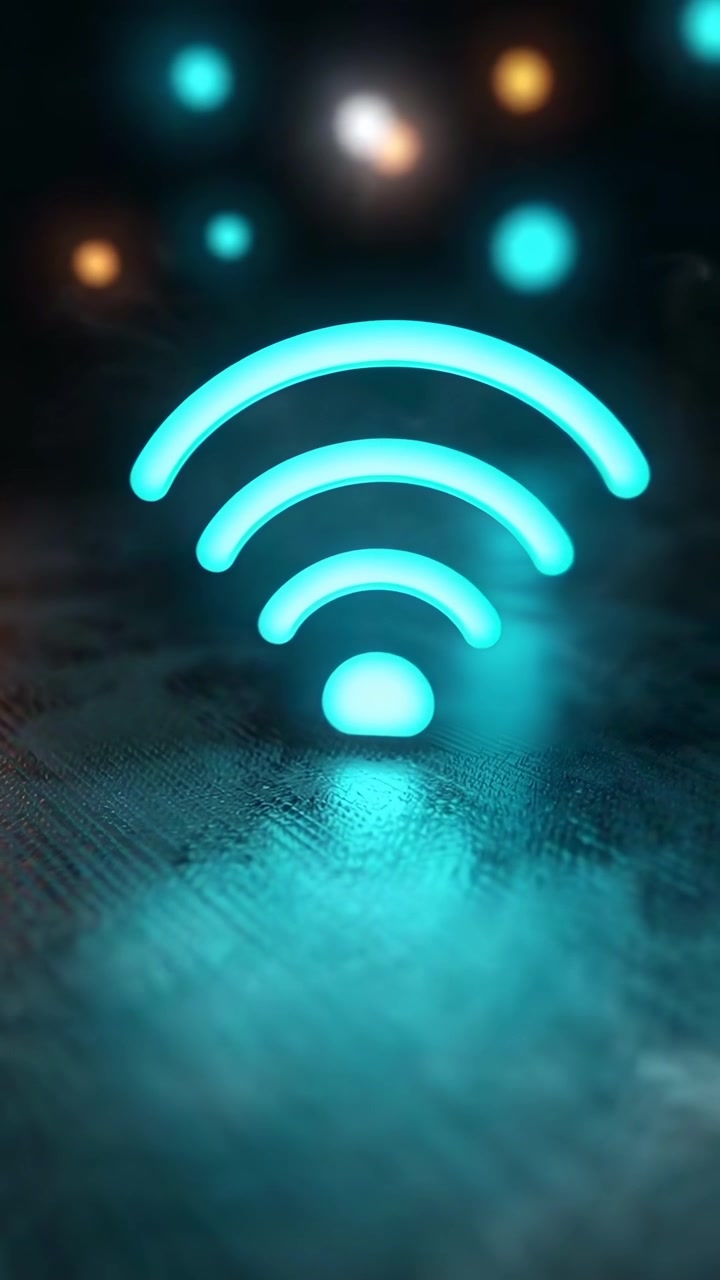 Simbolo Wi-Fi blu luminoso su sfondo digitale scuro