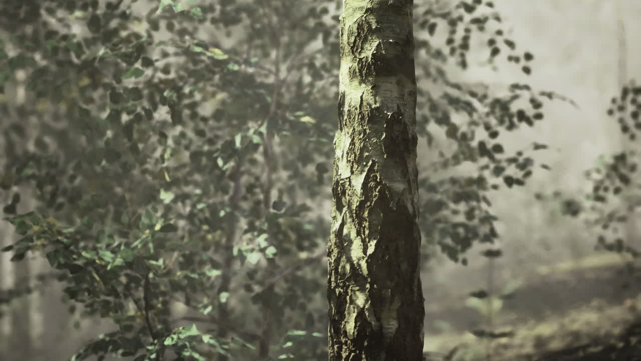 Tall tree with textured bark surrounded by lush greenery in a serene forest