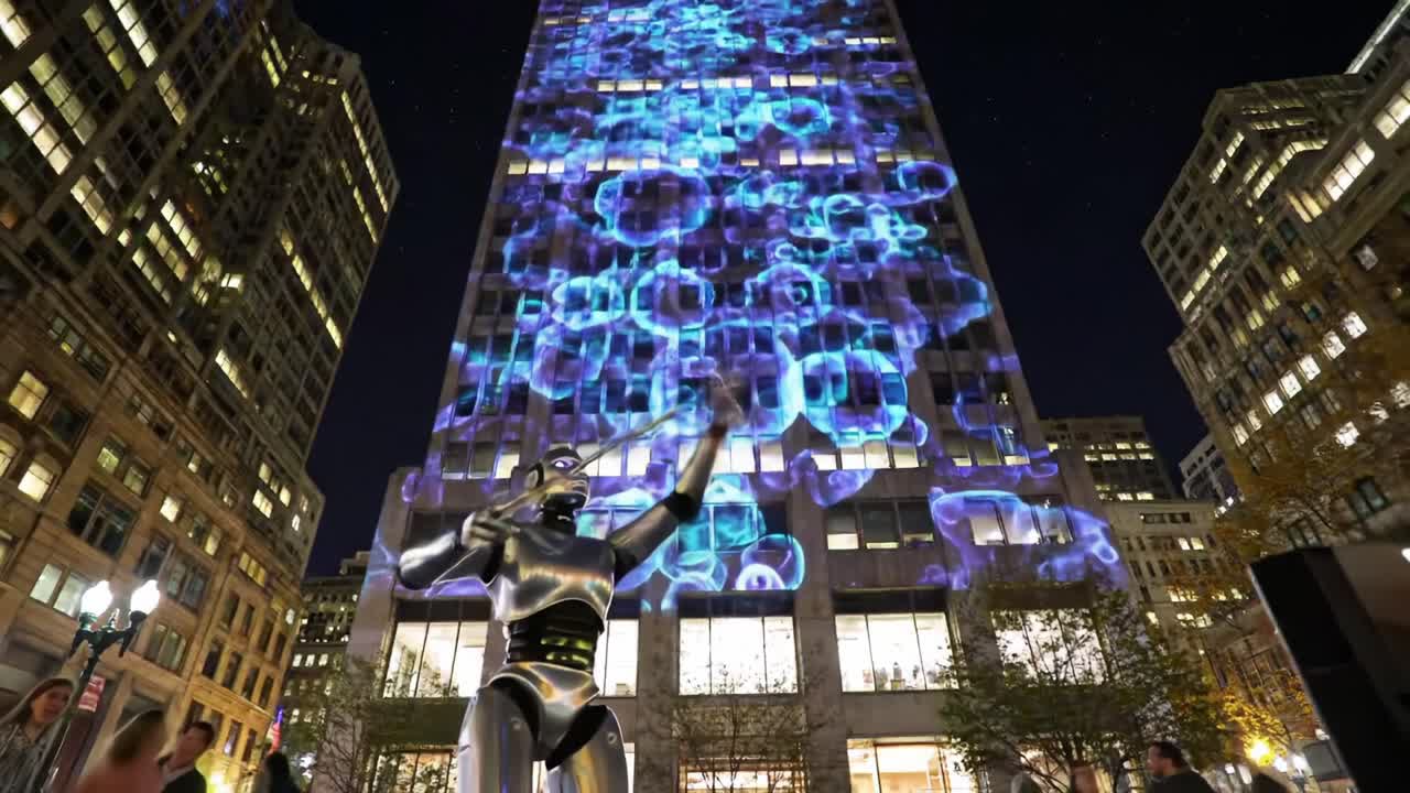 A robotic figure interacts with a mesmerizing projection display on a towering skyscraper, showcasing vibrant visuals that captivate a city night