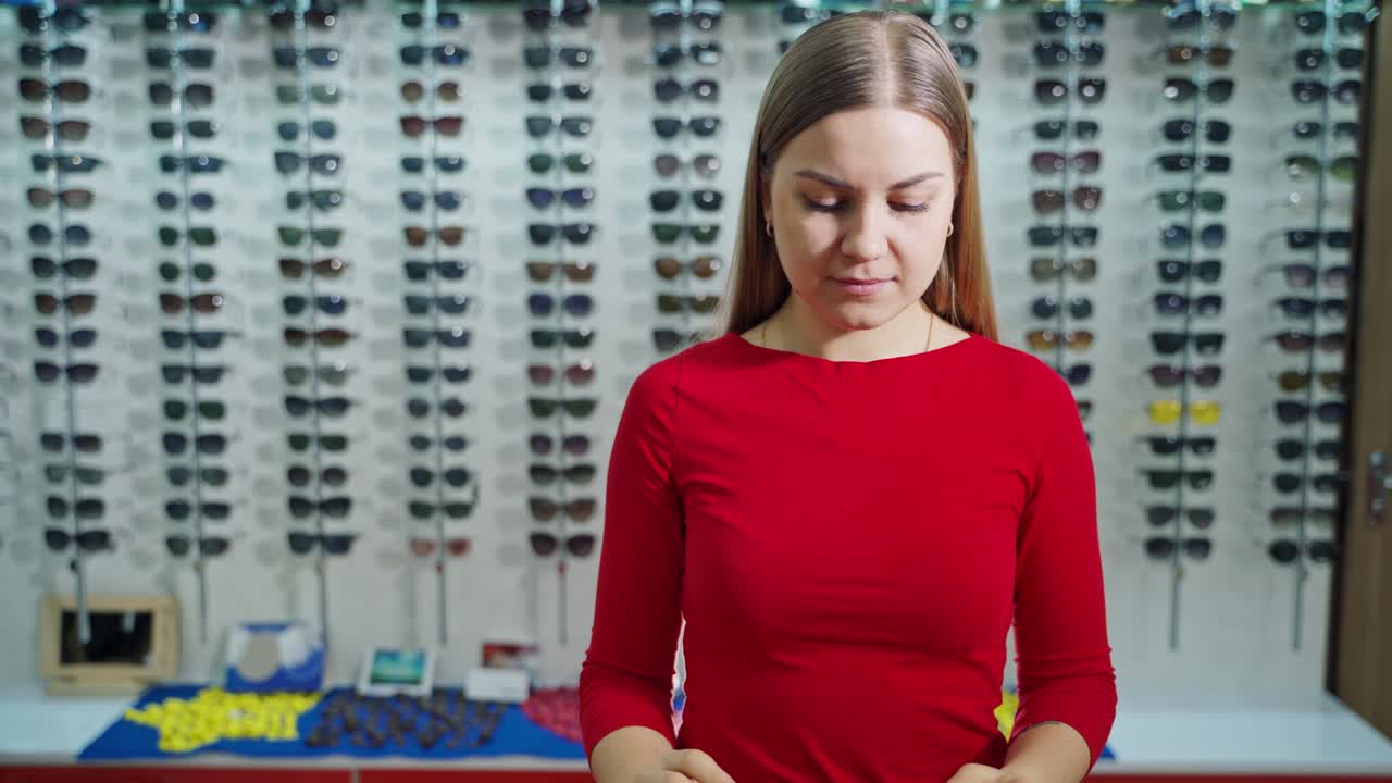 Portrait of smiling young woman holds new sunglasses. Stylish black eyewear in the hands of a beautiful girl at optical store.