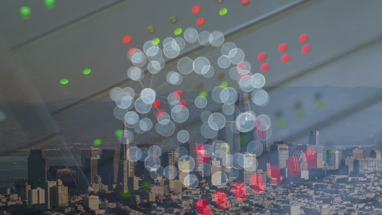 시티스케이프를 통해 아이콘과 서버를 가진 연결 네트워크의 애니메이션