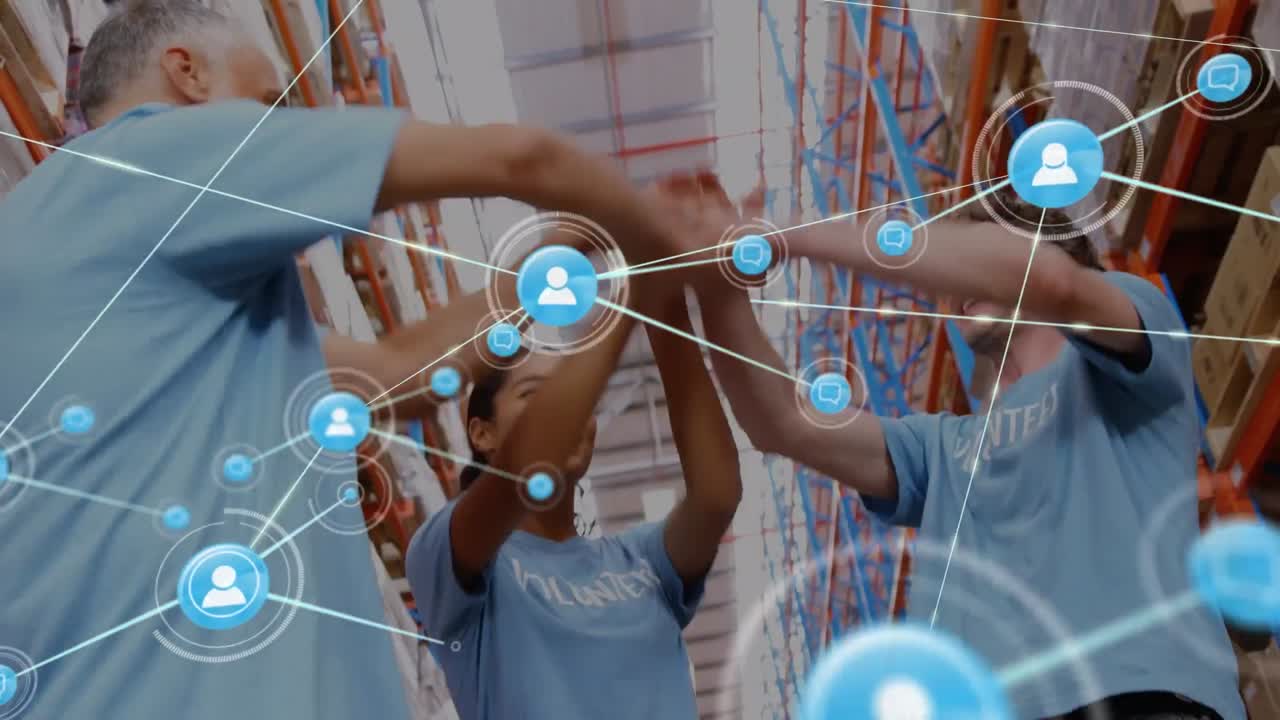 창고 직원들에 대한 연결 네트워크와 아이콘의 애니메이션