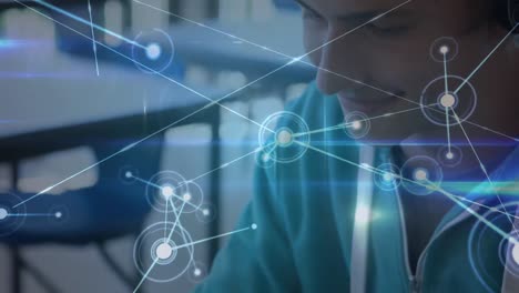 network of connections against man using digital office