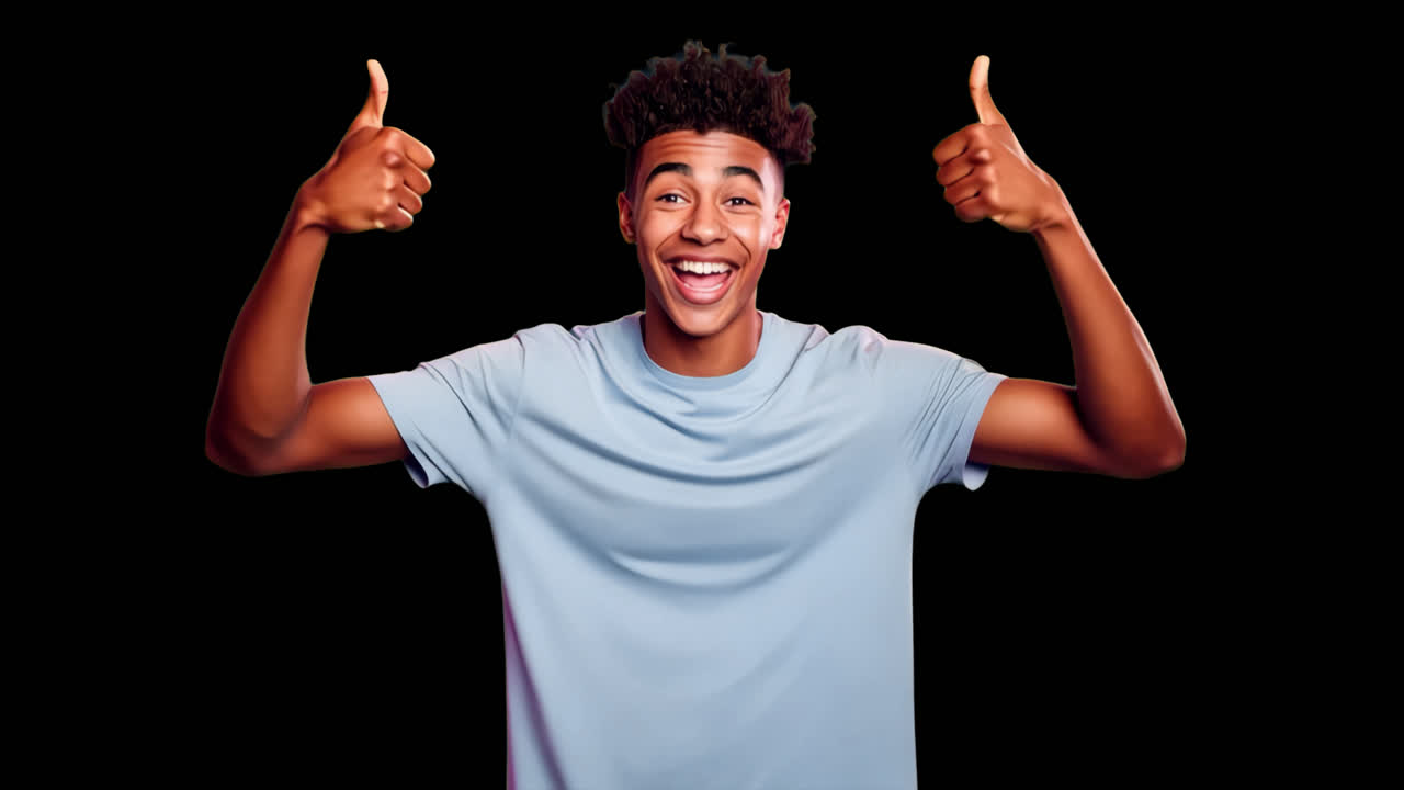 Joyful thumbs-up young man animation isolated asset, transparent 4K video, alpha channel, ProRes