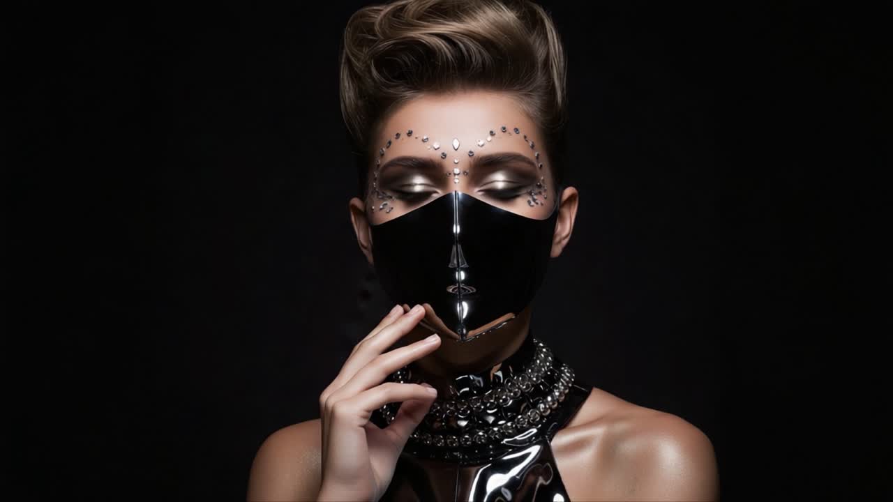 A striking portrait of a model in a glossy black mask and sparkling facial adornments, showcasing a fusion of fashion and art in an evocative, moody atmosphere