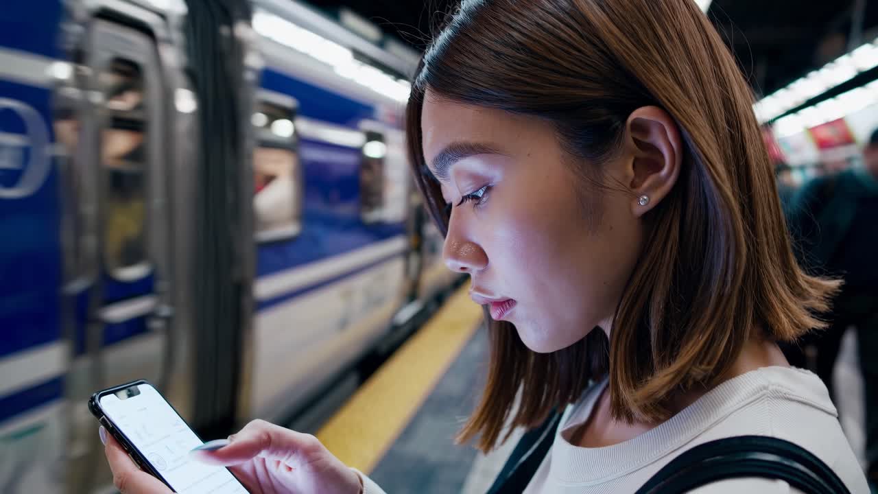 Close-up side view of a woman using her phone on a subway platform