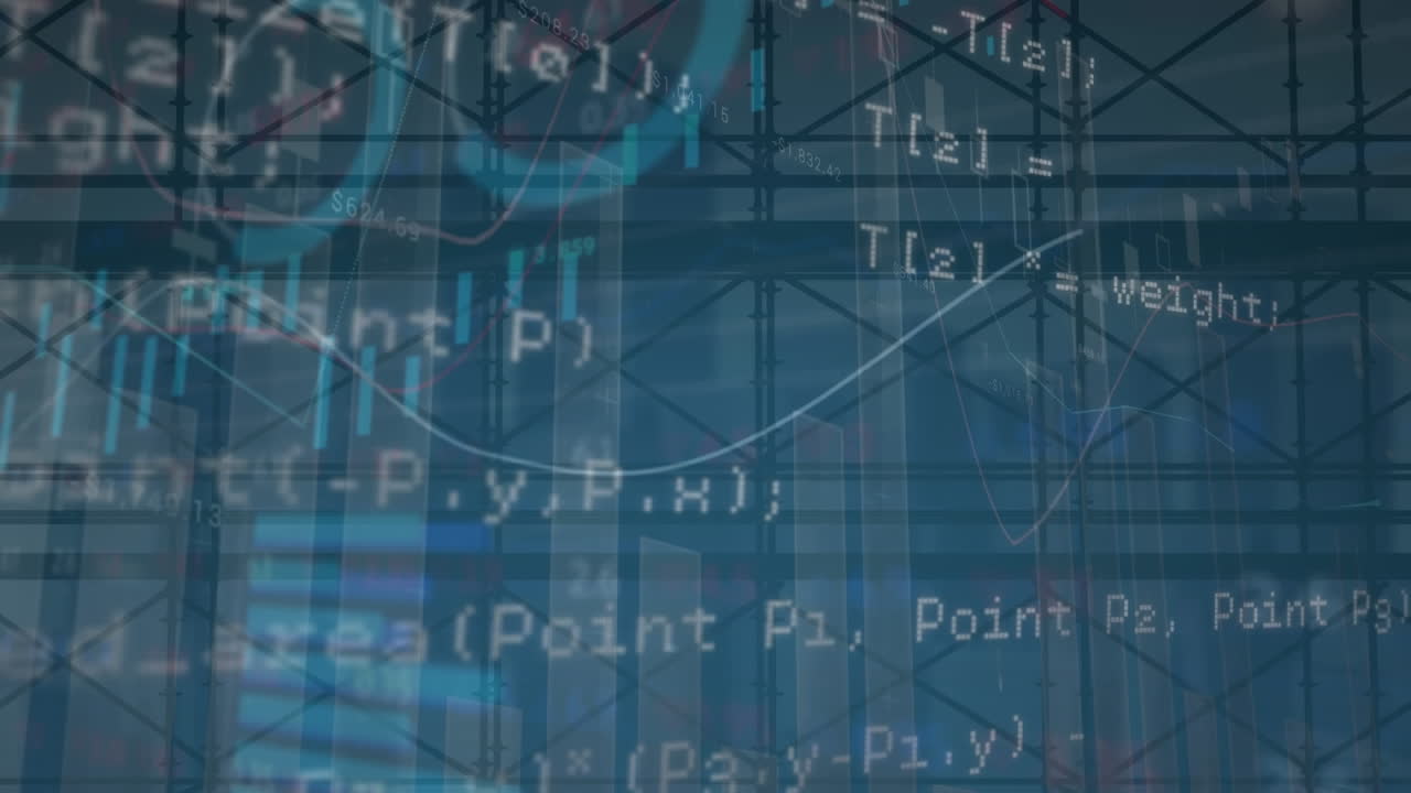 Animation of computer language over multiple graphs and loading circles against abstract background