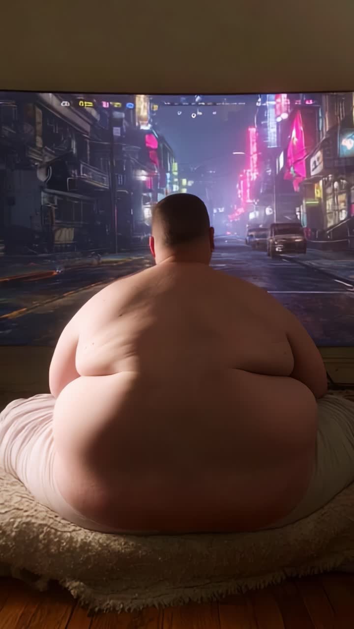 仮想都市に夢中になっている人：ゲームエンターテインメントとデジタルな風景の鮮やかな世界に没頭し、大画面に表示しています。
