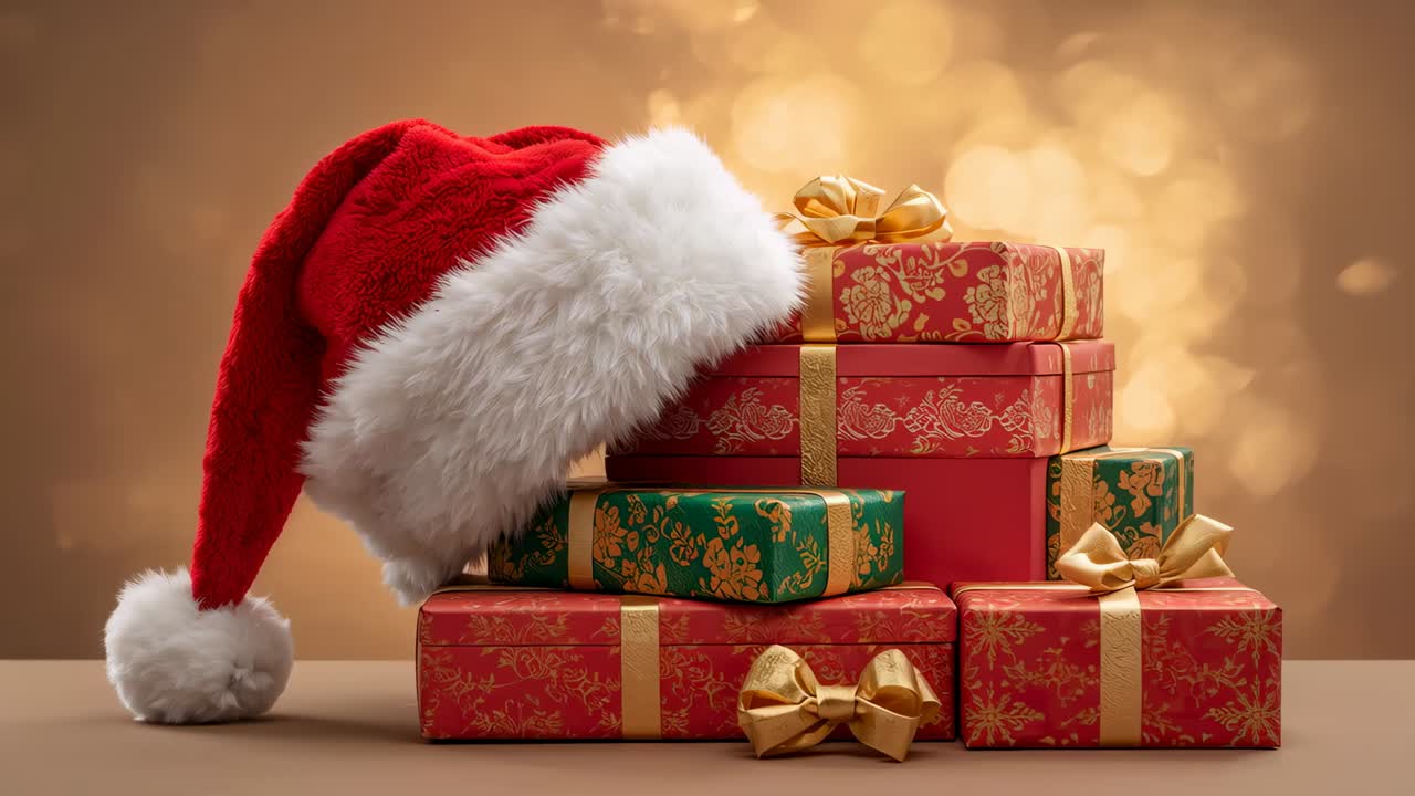Un cappello da Babbo Natale rosso e bianco che si posa su regali rossi impilati su un tavolo in cinque fotogrammi, fiocchi dorati