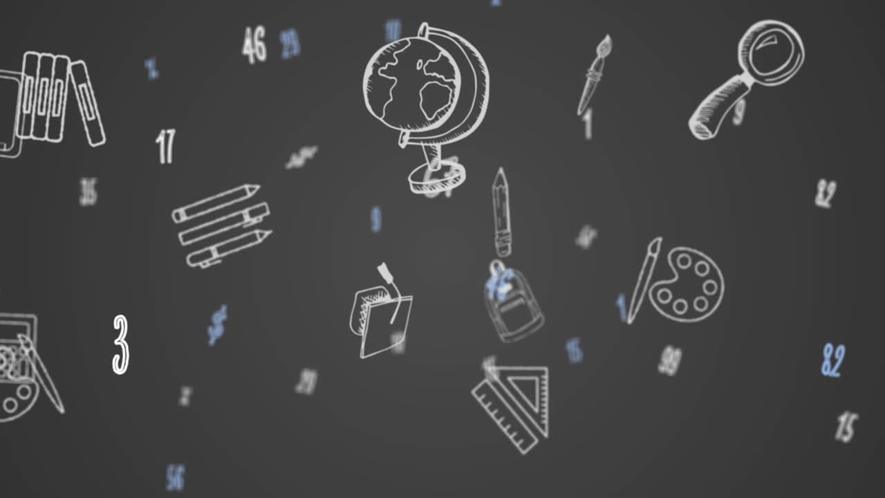 animación digital de los iconos del concepto de la escuela contra múltiples números y símbolos en fondo gris
