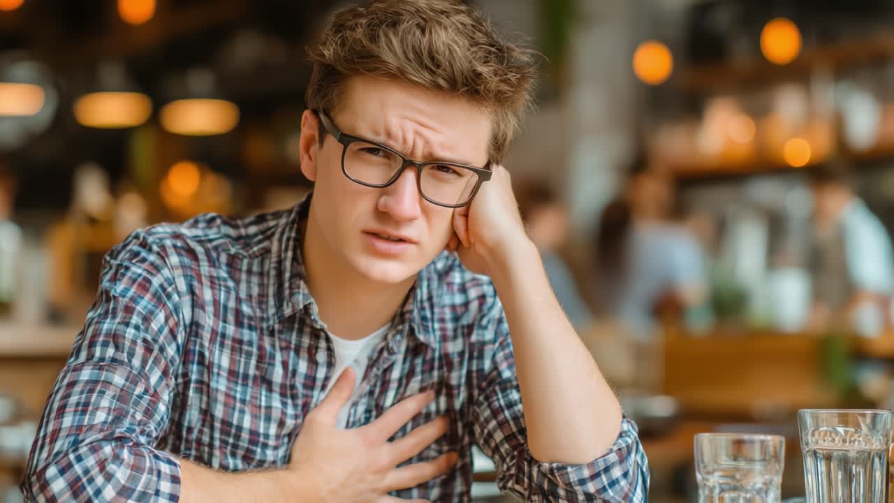 Un giovane che prova disagio in un ambiente da caffè, esprimendo preoccupazione mentre si tiene il petto, evidenziando un tumulto emotivo e un disagio fisico in un ambiente sociale.