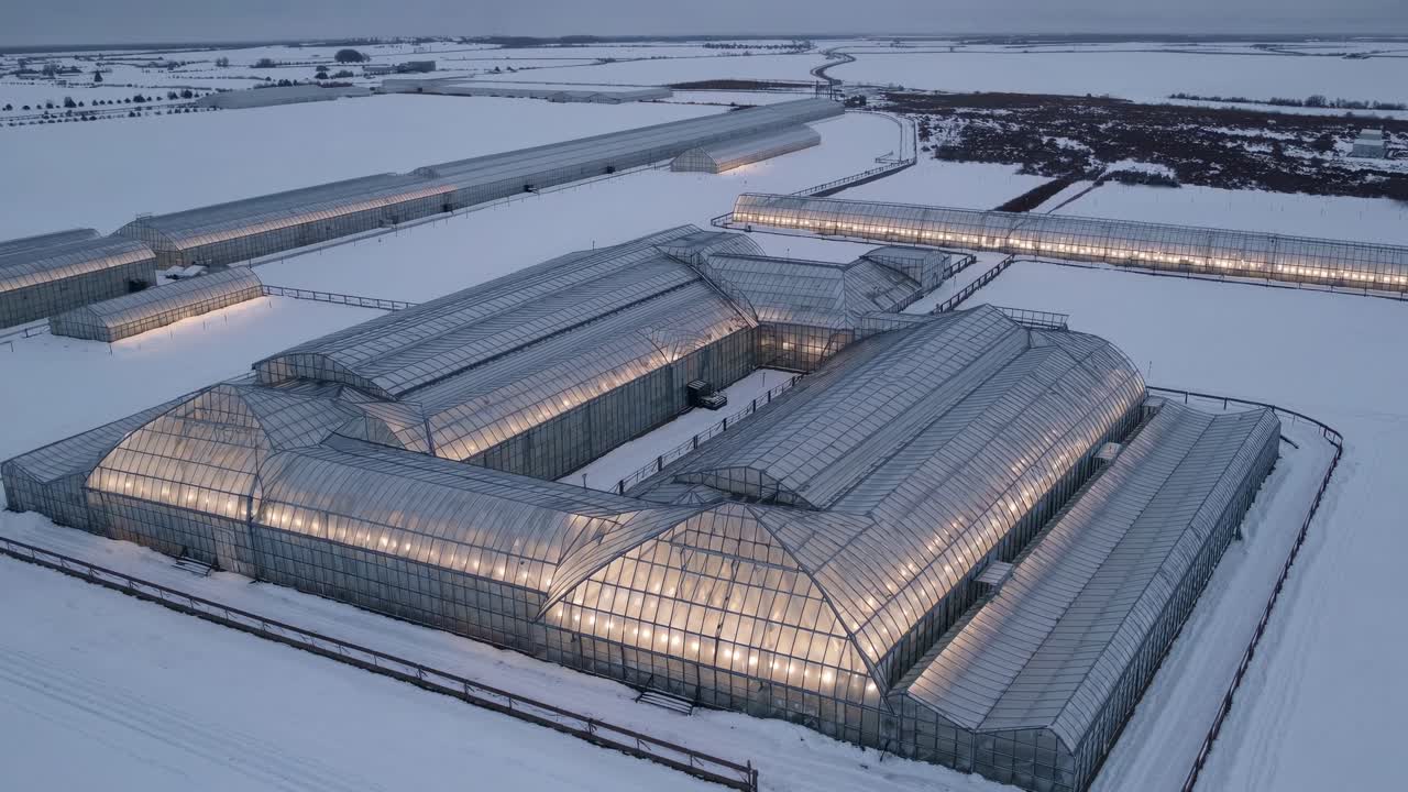 Aerial perspective captures illuminated greenhouses amidst a snowy landscape, highlighting the contrast between the warm glow of the structures and the cold surroundings