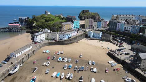 tenby seaside town in pembrokeshire, wales, aerial reveal in summer