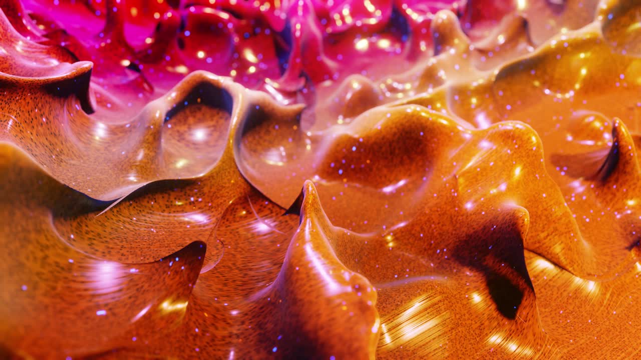 액체 그라디언트의 부드러운 애니메이션 - 4k에서 빨간색 오렌지색, 추상적인 루프 축제 배경으로 밝은 반이는 페인트 표면, 점성 액체에 반이는 3d 스플래시와 함께 물방울처럼 표면에.