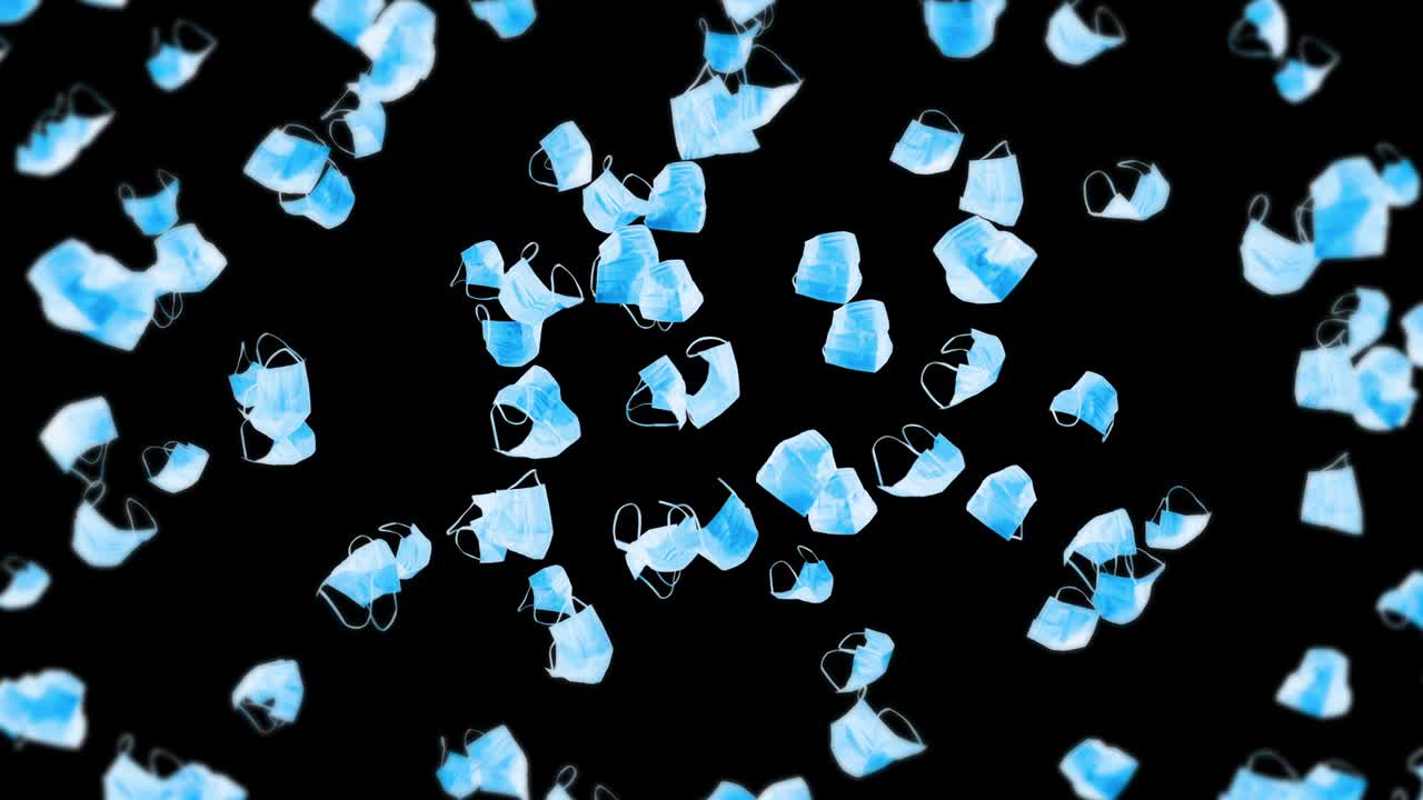 검은 바탕에 많은 파란 마스크를 날아. 의료 개념. 수술 보호 마스크. 마스크 회전의 3d 애니메이션. 루프 애니메이션.