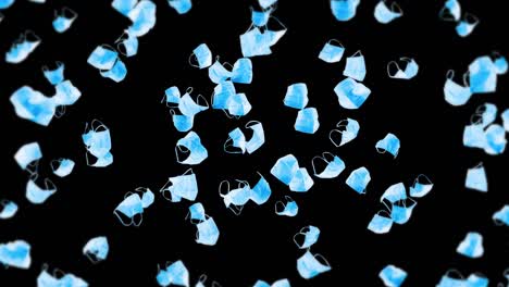 Flying many blue masks on black background. Medical concept. Surgical protective masks. 3D animation of mask rotating. Loop animation.