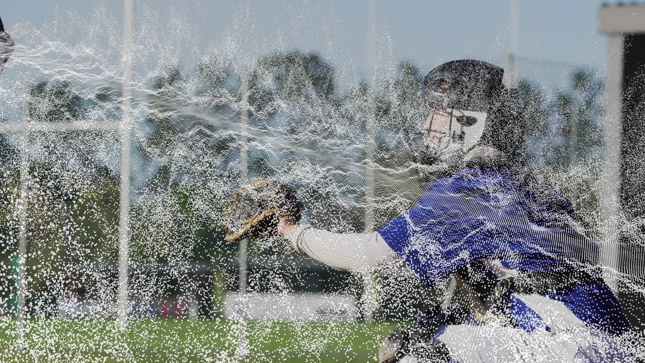 baseball catcher crouching behind home plate, showing animated data overlay with pitch speed chart