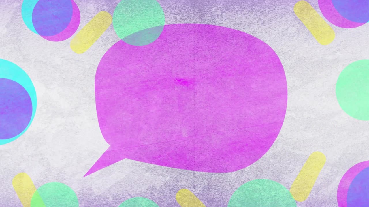 animación de una burbuja de habla rosa vacía y círculos de colores sobre un fondo gris con textura
