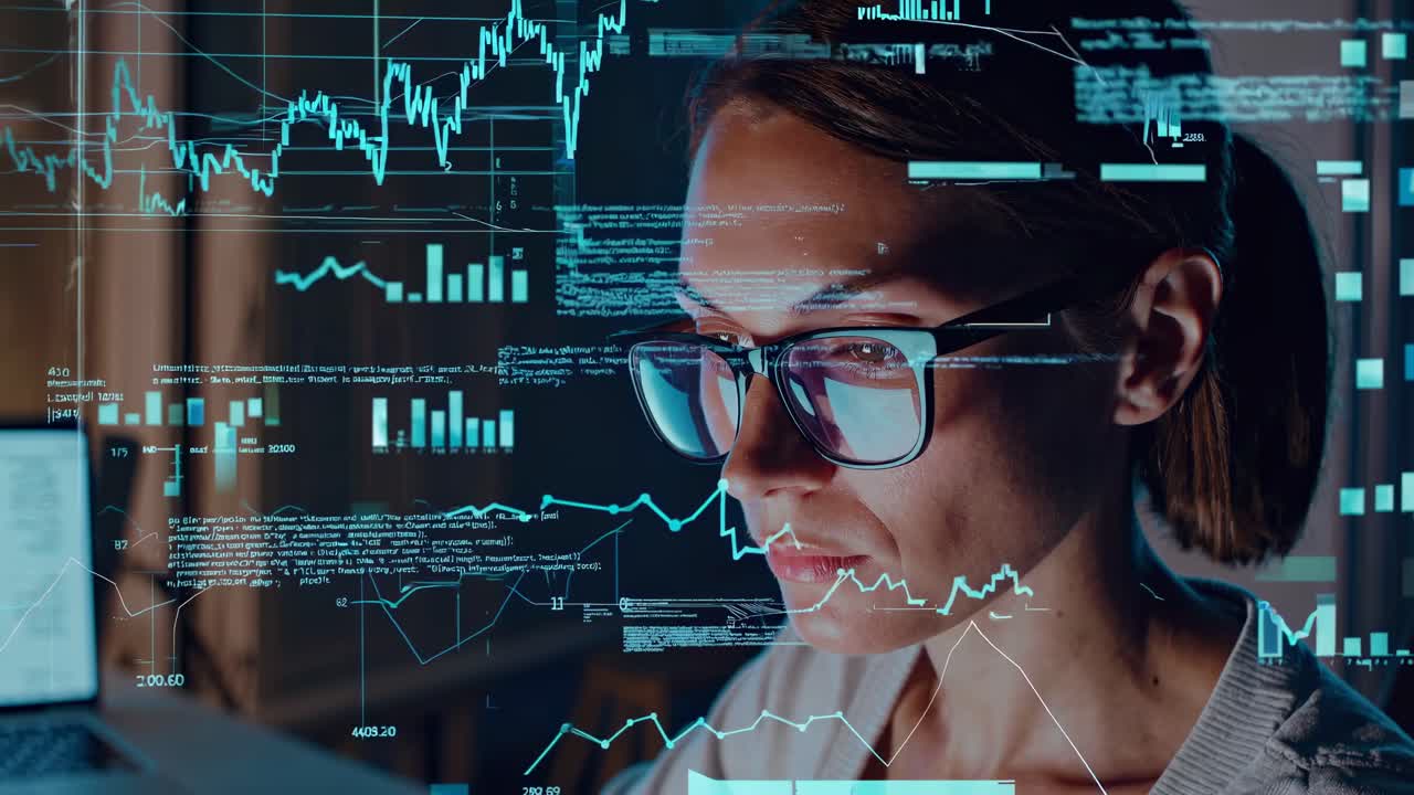 Close-up angle of a woman with glasses analyzing data, overlay of graphs and charts