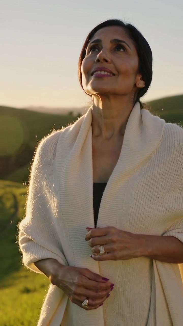 Vídeo vertical: Mulher sob a luz do sol levantando o olhar e sorrindo em colinas ensolaradas, xale, anéis, punho