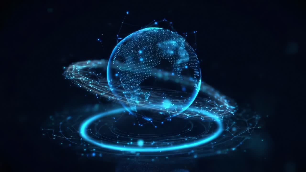 A mesmerizing animated sequence showcases a glowing blue digital globe surrounded by a dynamic orbit, representing advanced technology and global connectivity in a futuristic design theme