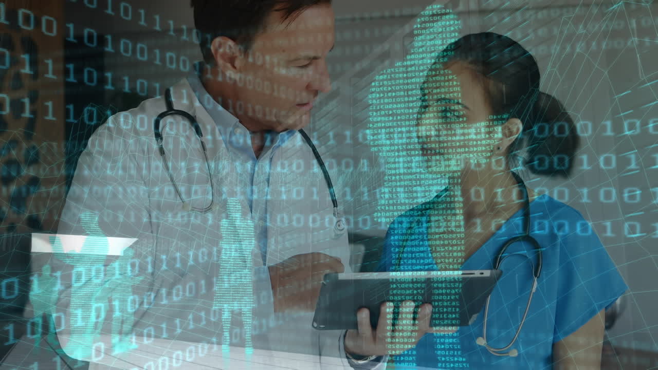 Animation of binary coding data processing over male and female doctor