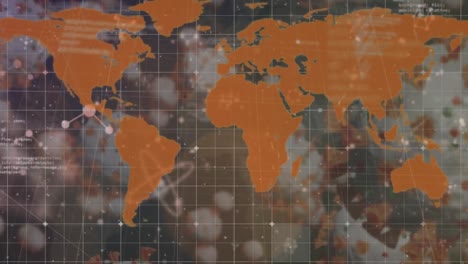 Molecular-structures-over-world-map-against-multiple-covid-19-cells-floating-and-data-processing