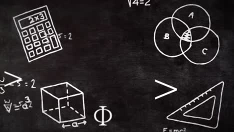 Animation-Mathematischer-Zeichnungen-Und-Formeln-über-Lichtern-Auf-Dunklem-Hintergrund